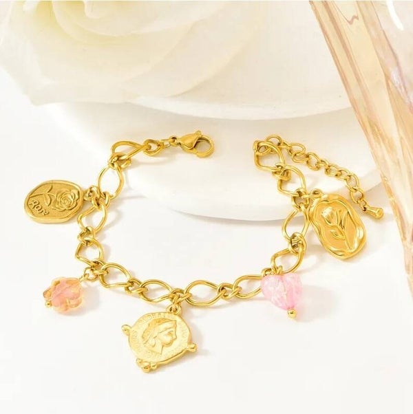Bracelet Charms Fleurs Vintage - Médailles Rose & Pièce Antique, Perles Cœur Acier Inoxydable 304 Doré