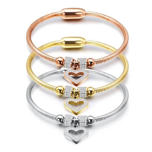 Bracelet Jonc Cœur Vintage Fermoir Aimanté - Acier Titane & Zircons