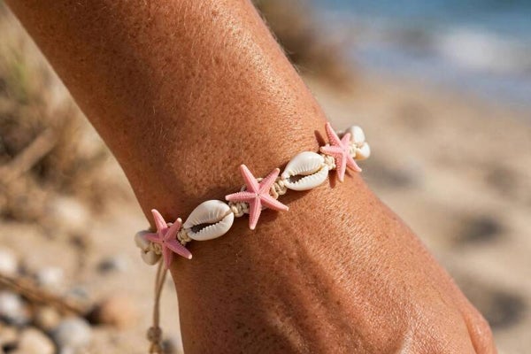 Bracelet Cauris Étoiles de Mer Roses - Cordon Bohème Plage Ajustable