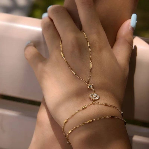 EVIL EYE SHINE - Chaîne de Main Bague Oeil Protecteur Zircon Acier Inoxydable Doré