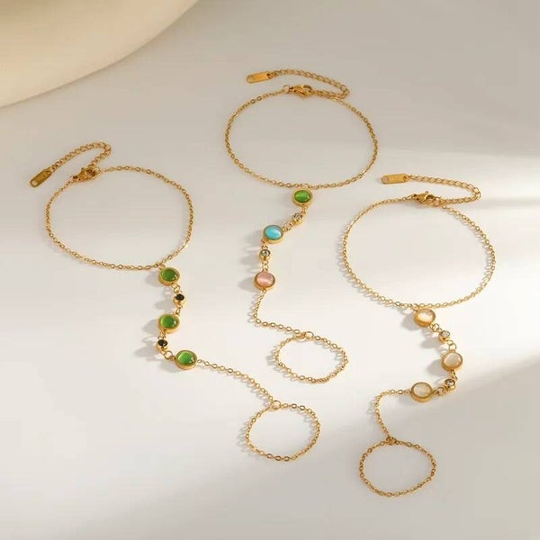 AURA - Chaîne de Main Bague Oeil de Chat Acier Inoxydable Doré - 3 Coloris