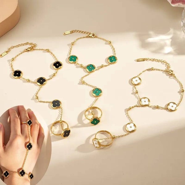Bracelet de Main Chaîne Trèfle 2-en-1 - Acier Inoxydable 304 Doré