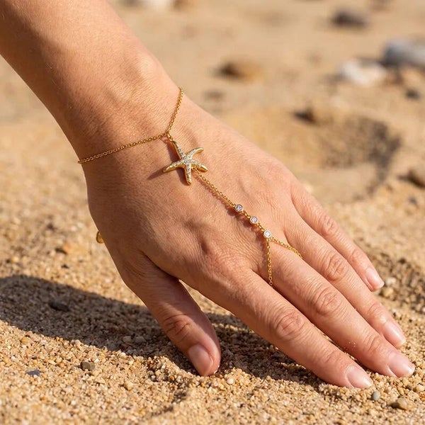 STARFISH LUXE - Chaîne de Main Bague Étoile de Mer Zircon Acier Inoxydable Doré