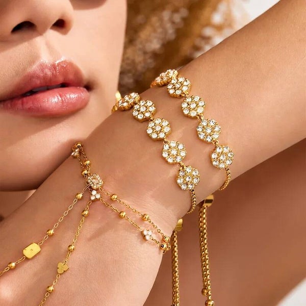 Bracelet Femme Fleurs Strass Coulissant – Acier Inoxydable 304 Doré/Argenté