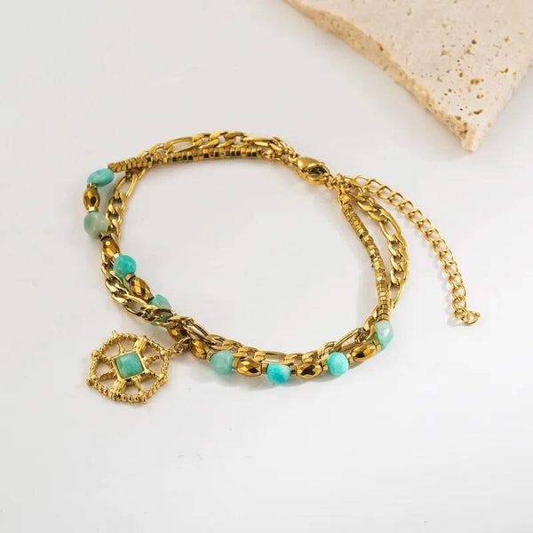 Bracelet Ibiza Double Rang – Boussole Turquoise Doré Inox 304 Waterproof