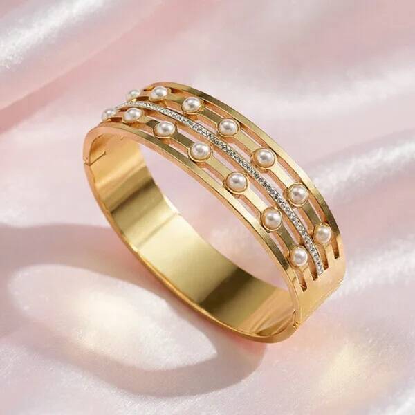 Bracelet Impératrice Jonc Manchette – Perles & Zircons Doré Inox 304 Luxe