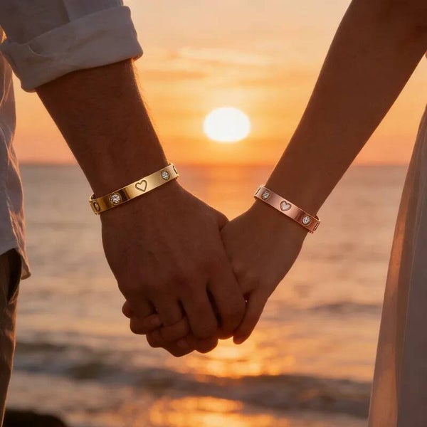 Bracelet Jonc Couple Cœur Zircons - Acier Inoxydable 304 Doré & Rose Gold