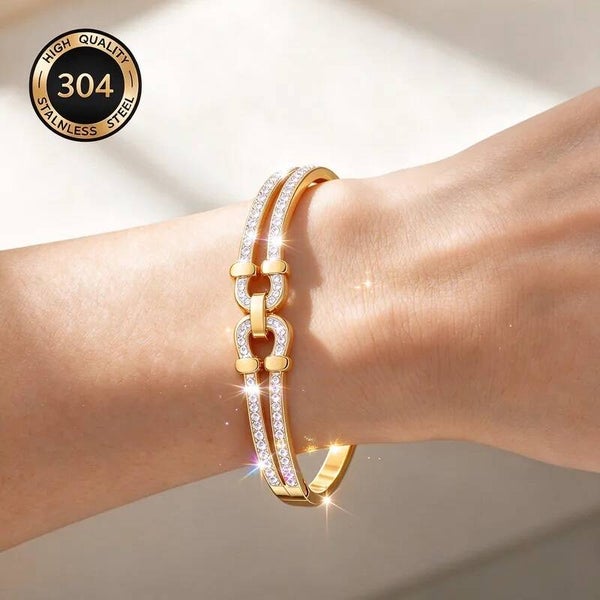Bracelet Jonc Double Fermoir - Acier Inoxydable 304 Plaqué Or 18K et Zircons - Manchette Brillante - Existe en Argenté