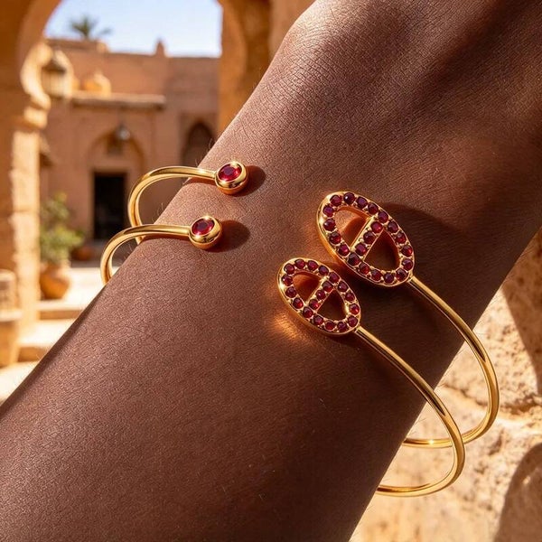 Bracelet Jonc Ouvert Double - Maillon Chaine et Clou - Acier Inoxydable 304 Plaqué Or 18K et Zircons Rouges