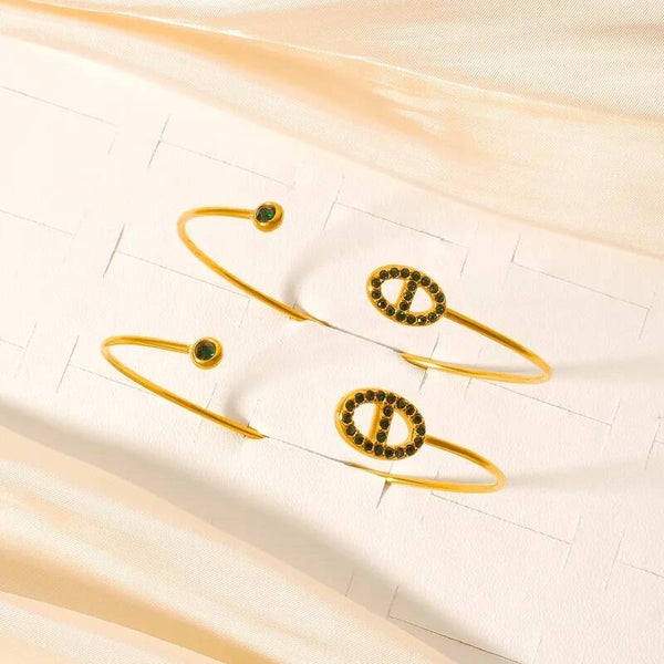 Bracelet Jonc Ouvert Double - Maillon Chaine et Clou - Acier Inoxydable 304 Plaqué Or 18K et Zircons Verts
