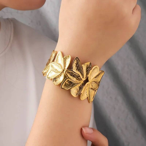 Bracelet Manchette Fleurs Dorées 3D - Acier Inoxydable 304 Femme