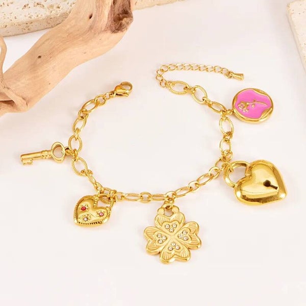 Bracelet Charms Doré Cœur Cadenas Trèfle Clé Rose Acier Inoxydable 16,5cm