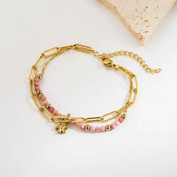 Bracelet Mykonos Double Rang – Fleur Rose Doré Inox 304 Waterproof Bohème