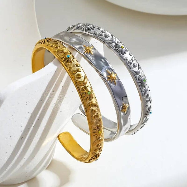 Bracelet Orion Jonc Céleste Argenté – Soleil Lune Étoiles Zircons Inox 304