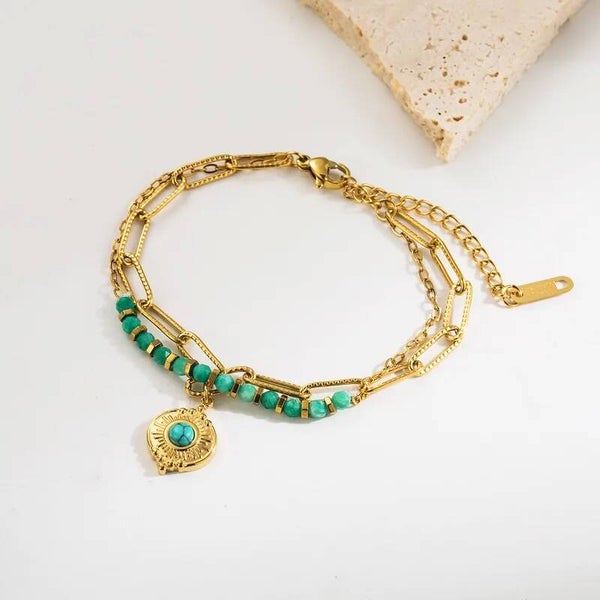 Bracelet Santorini Double Rang – Tournesol Lapis Doré Inox 304 Waterproof