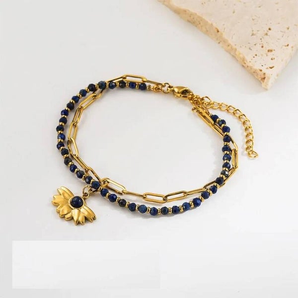 Bracelet Santorini Double Rang – Tournesol Lapis Doré Inox 304 Waterproof