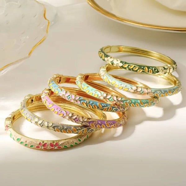 Bracelet Jonc Émail Fleurs - Cloisonné Multicolore Zircon Femme