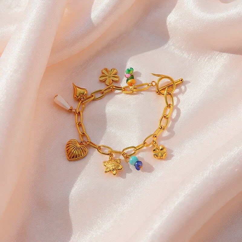 Bracelet Élégant Pampille Perle Artificielle, Cœur, Fleur & Tortue Acier Inoxydable | 21,2 cm | vanbijoux