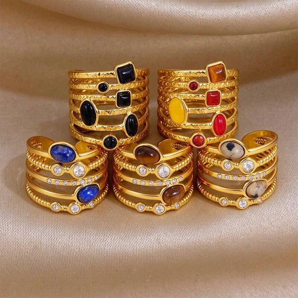 Bague Large Ouverte 5 Anneaux Pierres Naturelles - Acier Inoxydable Doré et Zircons - Réglable - Vendu à l'Unité