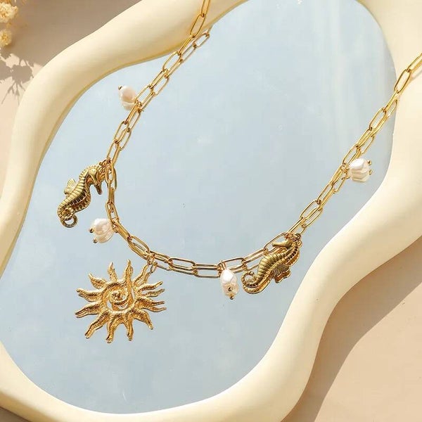 Collier Chaîne Trombone Multi-Breloques Soleil & Hippocampe Acier Inox 304 Doré