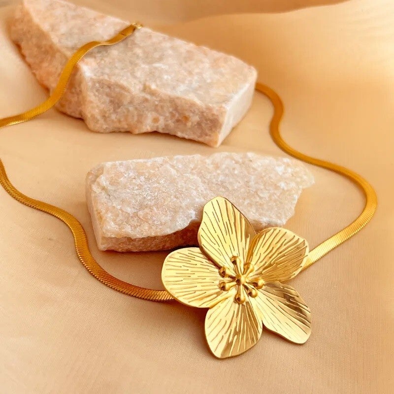 Collier Chaîne Serpent Fleur Tropicale Doré  Acier Inoxydable 304 Été Vanbijoux