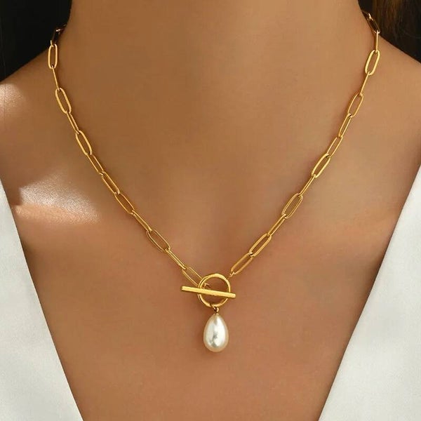 Collier Chaîne Trombone Doré Perles Pendantes  Acier Inox 304 PVD Style IG