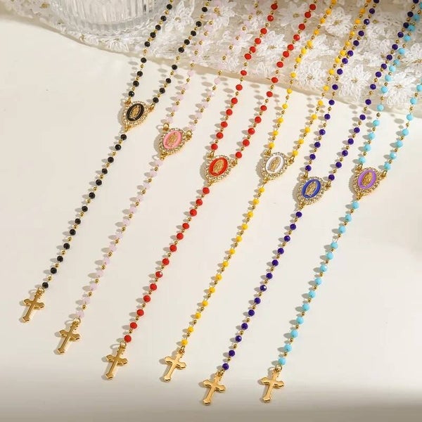 Collier Chapelet Vierge Miraculeuse et Croix - Acier Inoxydable 304 - Perles Colorées - Vendu à l'unité