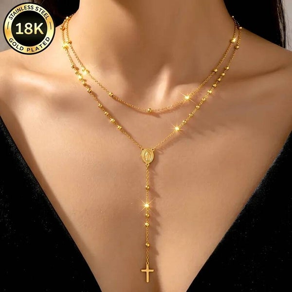 Collier Chapelet Y Vierge Miraculeuse et Croix - Acier Inoxydable Plaqué Or 18K - Double Chaîne Satellite