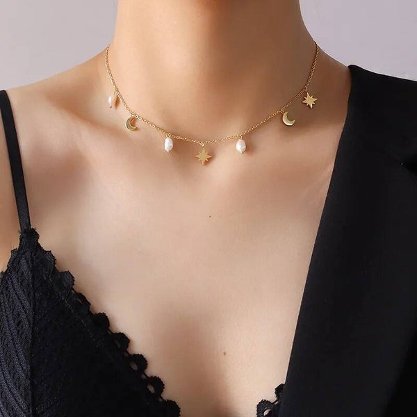Collier Choker Doré Perles & Charms Astres  Acier Inox 304 Céleste Tendance