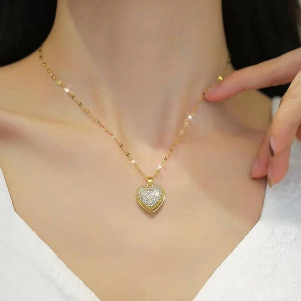 Collier Pendentif Cœur Strass & Perle d’Eau Douce  Acier Inoxydable 304 Doré/Argenté