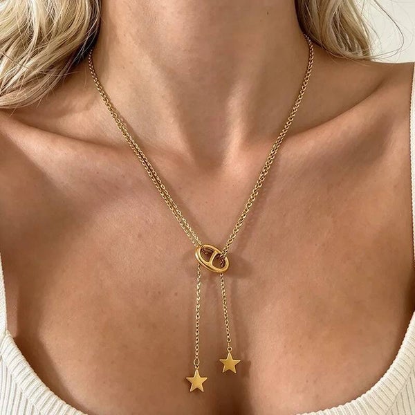 Collier Cravate Double Chaîne Étoiles - Acier Inoxydable 304 Plaqué Or 18K - Lariat Maillon Chaine - Réglable