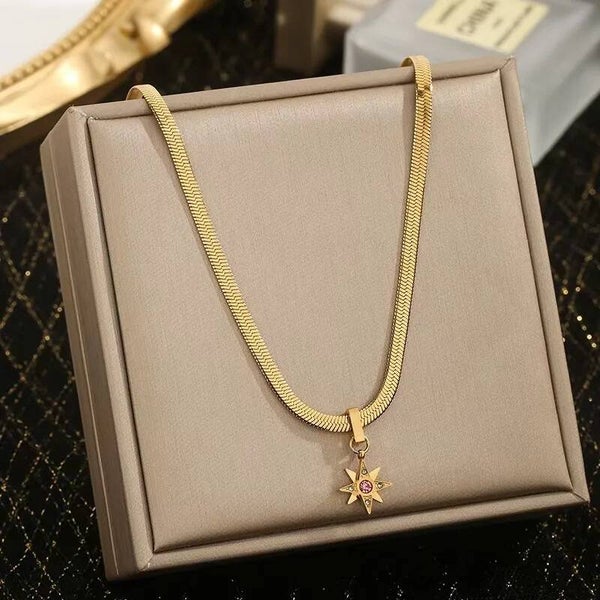 Collier Étoile Doré Strass Rose - Acier Inoxydable 304