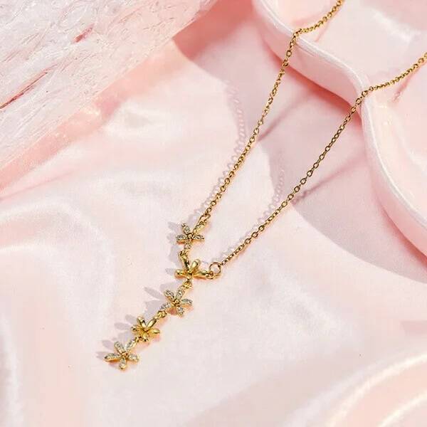 Collier Doré en Y Femme – Pendentif Fleurs Étincelantes Zircons Brillants