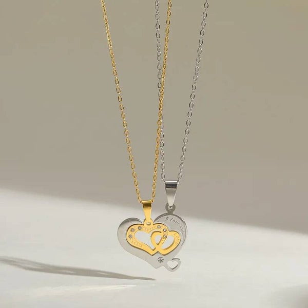 Collier Double Cœur Enlacés - I Love You - Acier Inoxydable 304