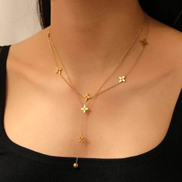 Collier Double Rang en Y Trèfle Chance Doré  Acier Inoxydable 304 Vanbijoux