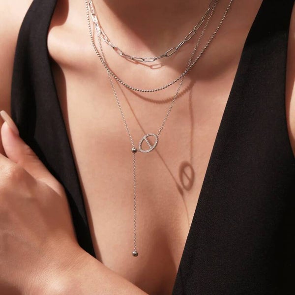 Collier Ras de Cou Ajustable Ellipse Scintillante Argenté Acier Inoxydable Lariat Moderne