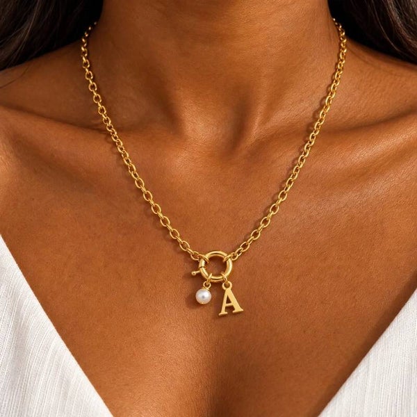 Collier Toggle Initiale  Perle – Acier Inoxydable 304 Doré