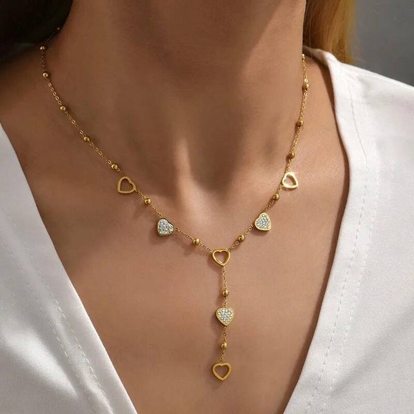 Collier en Y Doré Cœur Strass  Acier Inoxydable Femme – Bijou Chic & Romantique