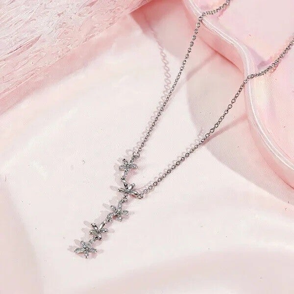 Collier en Y Doré Pendentif Fleurs Étincelantes Zircons  Acier Inoxydable Femme