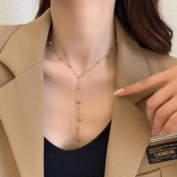 Collier en Y Petite Boule Doré  Acier Titane Femme – Bijou Minimaliste Tendance