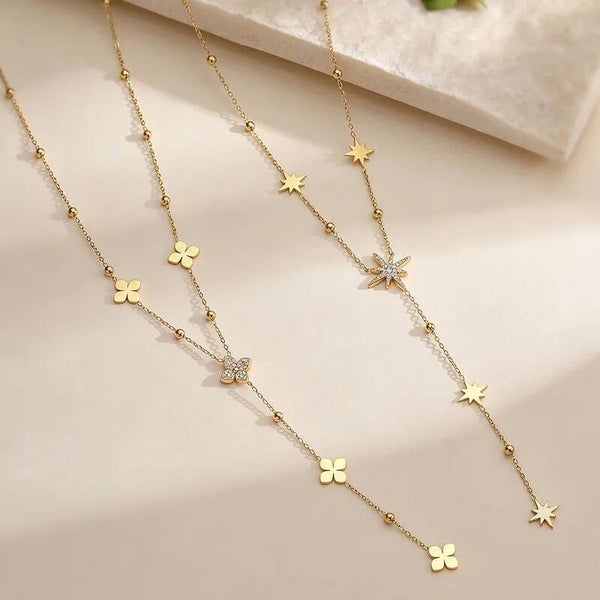 Collier Etoile Femme Acier Inoxydable Doré - Explosion d'Étoiles & Trèfle