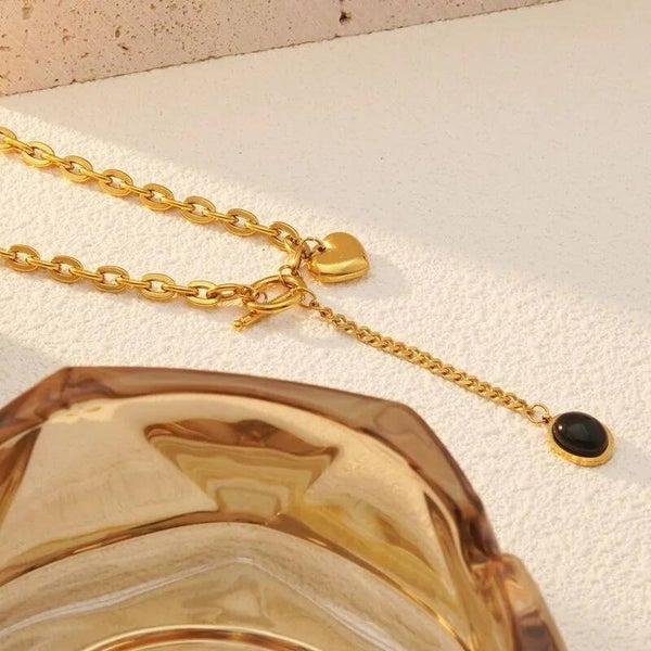 Collier Chaîne Cœur en Y Doré Pierre Noire  Acier Inoxydable Femme Vanbijoux