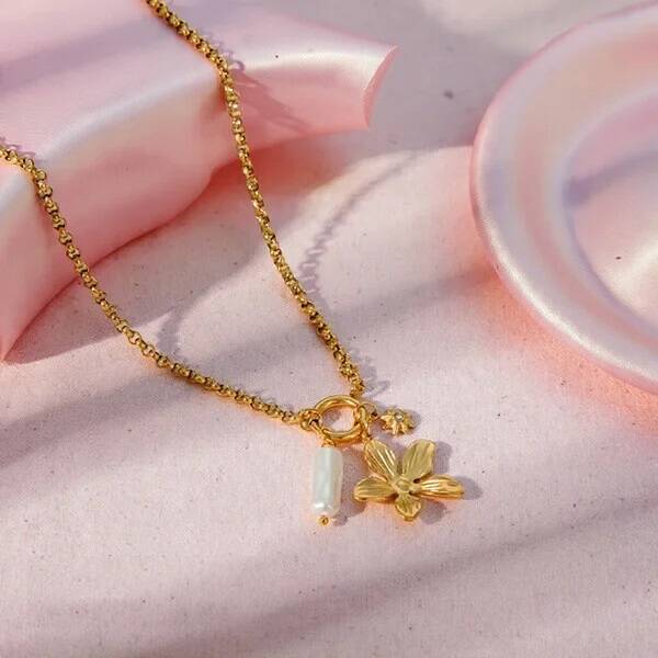 Collier Pampille Fleur Perle Doré  Acier Inox 304 Pendentif Floral Chic