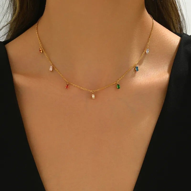 Collier Pampille Rectangle Doré  Acier Inoxydable 304 & Zircon – Bijou Femme Minimaliste