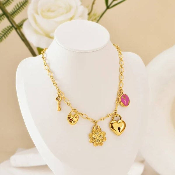 Collier Multi-Breloques Doré Cœur Cadenas Trèfle Clé Rose | Acier Inox 304