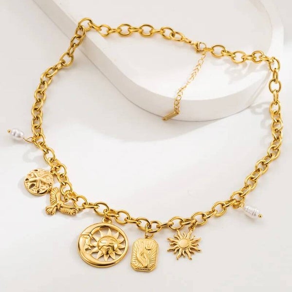Collier Multi Breloques Doré Grosse Maille Acier Inoxydable  Bijou Porte-Bonheur Femme