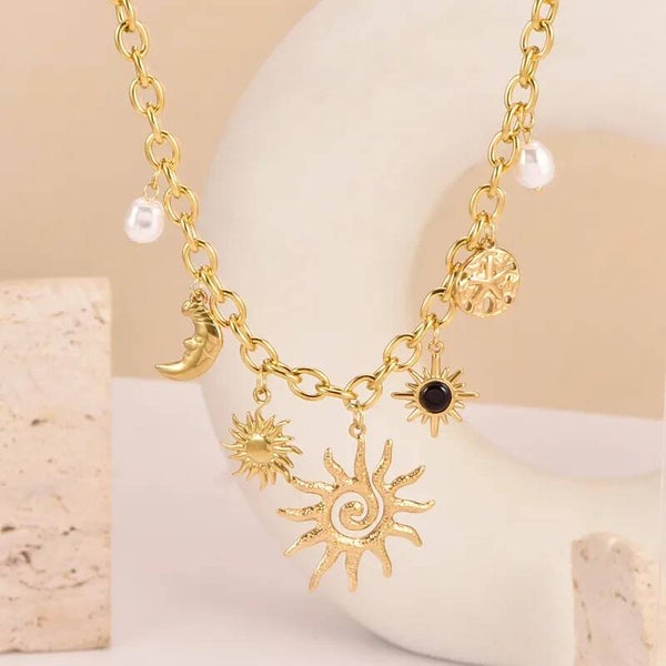 Collier Multi-Breloques Soleil Lune Étoile Acier Inoxydable Doré  Bijou Bohème Chic