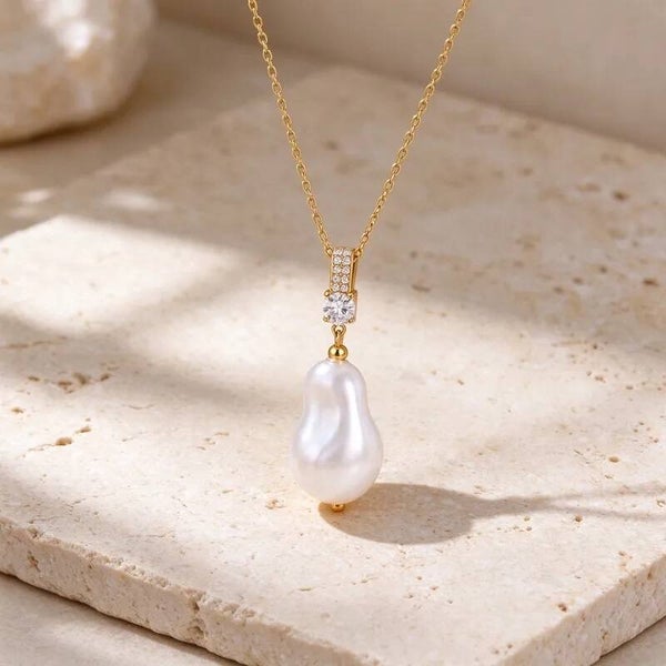 Collier Perle Baroque Pendentif Goutte - Acier Inoxydable doré et Zircon - Perle d'Eau Douce Irrégulière