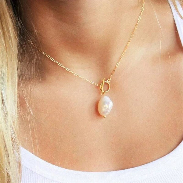 Collier Chaîne Dorée Perle Baroque Pendante  Acier Inox 304 Élégance Intemporelle