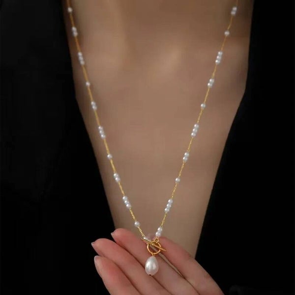 Collier Perle Géométrique Doré  Acier Inox 304 & Perle Artificielle Design Moderne